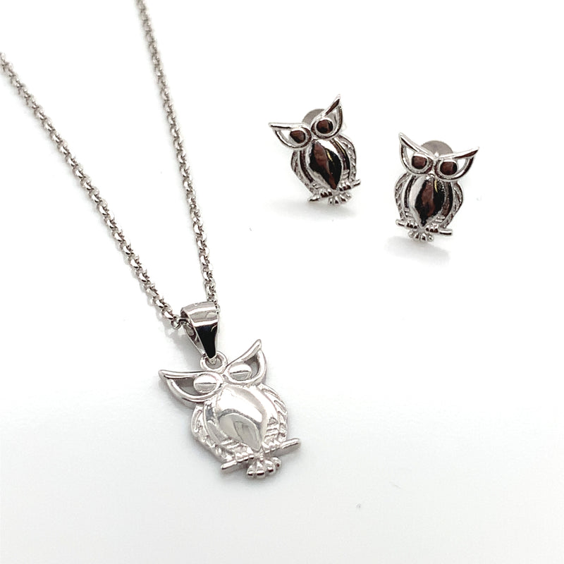 Sterling Silver Owl Necklace & Earring Set